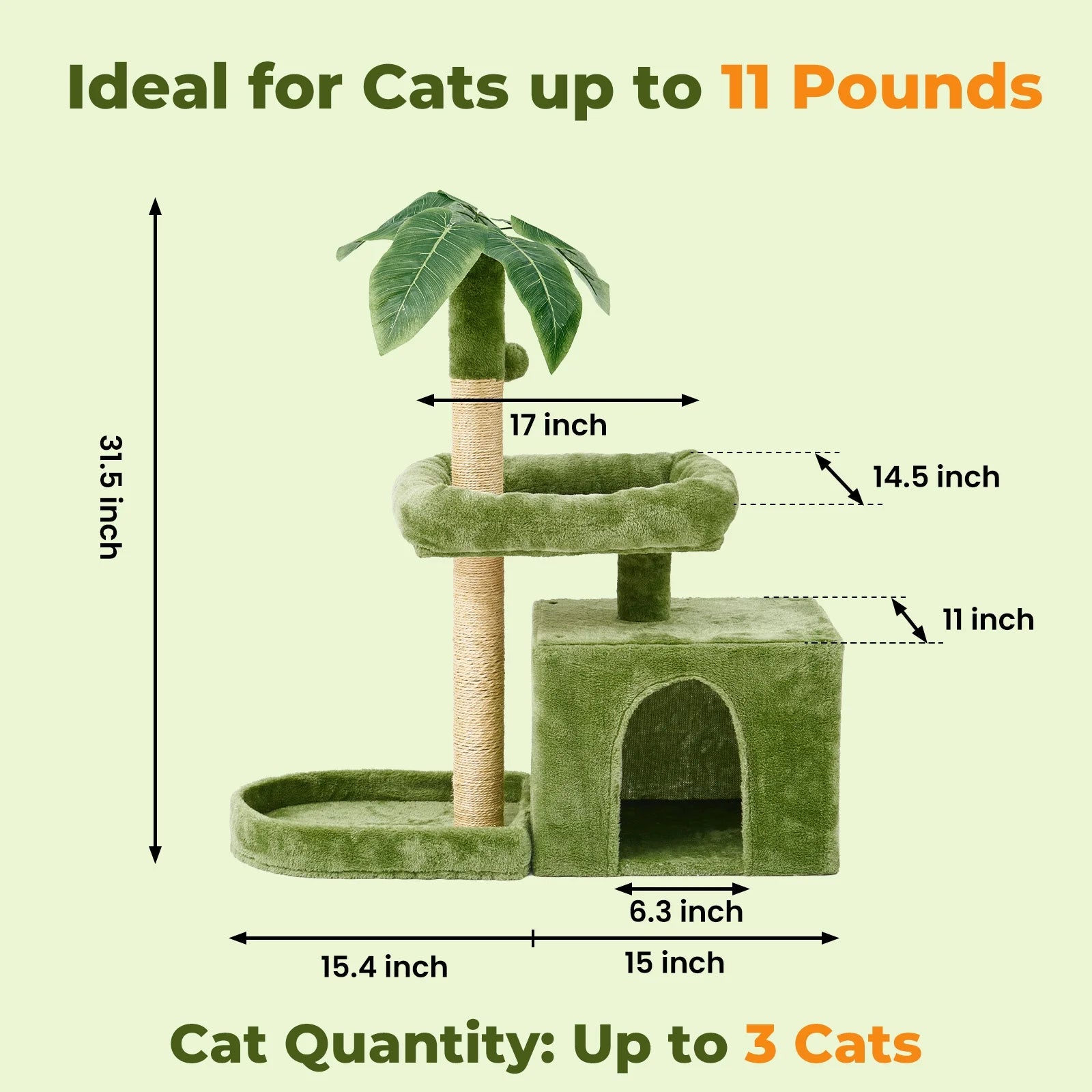 31.5" Cat Tree Cat Tower for Indoor Cats with Green Leaves, Cat Condo Cozy Plush Cat House with Hang Ball and Leaf Shape Design, Cat Furniture Pet House with Cat Scratching Posts, Green